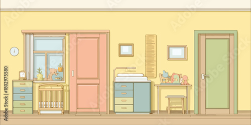 창문과 아기 침대, 기저귀 교환대, 그리고 아기 용품들로 가득 찬 아늑하고 평화로운 아기 방의 내부를 묘사한 귀여운 벡터 일러스트레이션입니다.