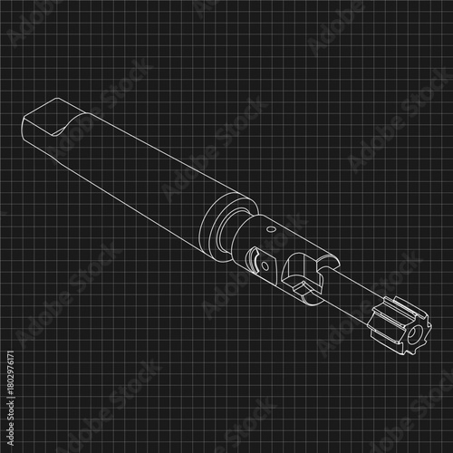 Mechanical engineering drawings. Tap tools, borer. Technical Design. Cover. Blueprint. Step Cutting Tool with Countersinking Function. Technical 3D Vector Illustration