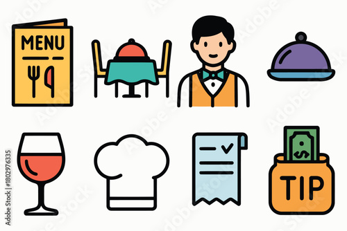 A collection of flat design icons representing various elements of restaurant service and dining experiences.