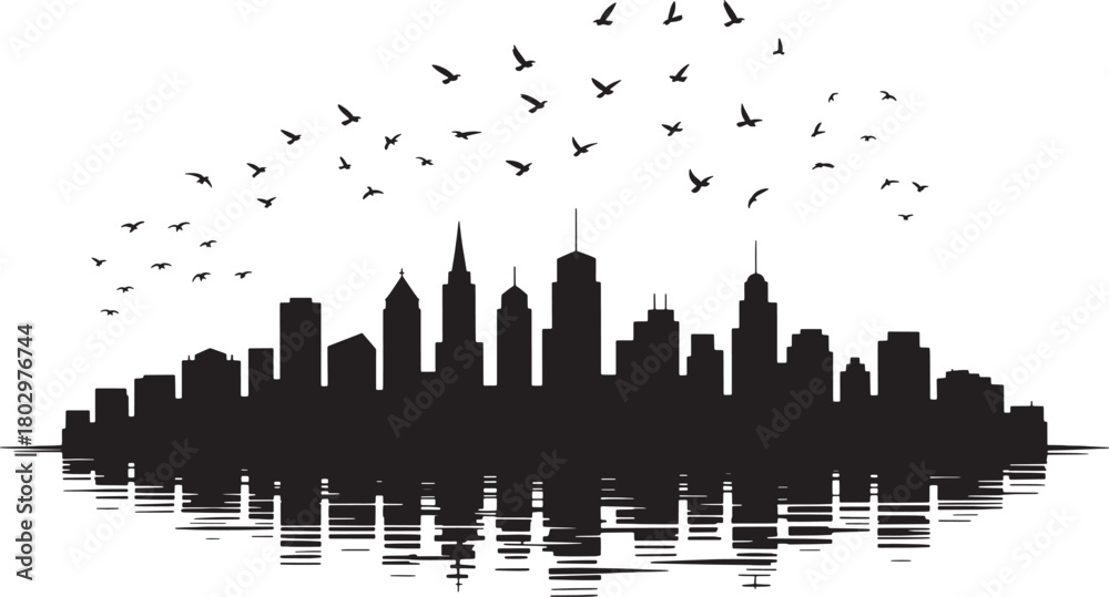 Fototapeta premium Black silhouette of a city skyline with birds flying above and reflection on water black and white