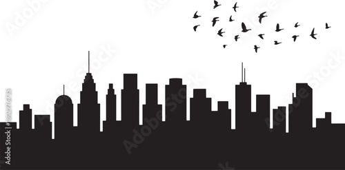 Black silhouette of a city skyline with a flock of birds flying above white