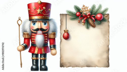 Nussknackerfigur steht neben festlichem papier mit tannenzweig und weihnachtsdeko in warmem klassischem feiertagsstil Generative KI