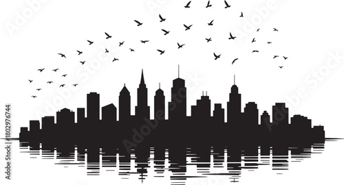 Black silhouette of a city skyline with birds flying above and reflection on water black and white