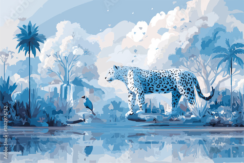 푸른색의 몽환적인 정글 속에서 고요하게 서 있는 표범과 그 주변을 감싸는 신비로운 열대 자연의 풍경이 평화롭게 어우러진 벡터 일러스트레이션입니다.