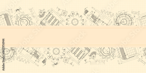 Mechanical engineering drawings on sepia background. Cutting tools, milling cutter. Technical Design. Cover. Blueprint. Horizontal seamless pattern. Vector illustration.