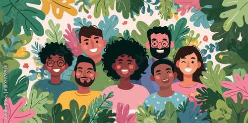 다채로운 문화와 배경을 가진 사람들이 푸른 잎사귀와 꽃들 사이에서 환하게 웃으며 함께 어우러지는 모습은 조화롭고 포용적인 공동체의 아름다움을 보여줍니다.