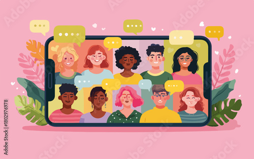 다양한 인종과 배경을 가진 사람들이 스마트폰 화면 속에서 화상 통화를 통해 활발하게 소통하고 연결되는 모습을 현대적인 벡터 일러스트로 생생하게 담아내어, 디지털 시대의 원격 커뮤니케이션과 협업의 중요성을 강조합니다.
