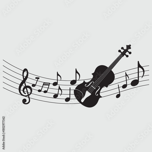 Black silhouette of a violin and musical notes on a staff treble clef