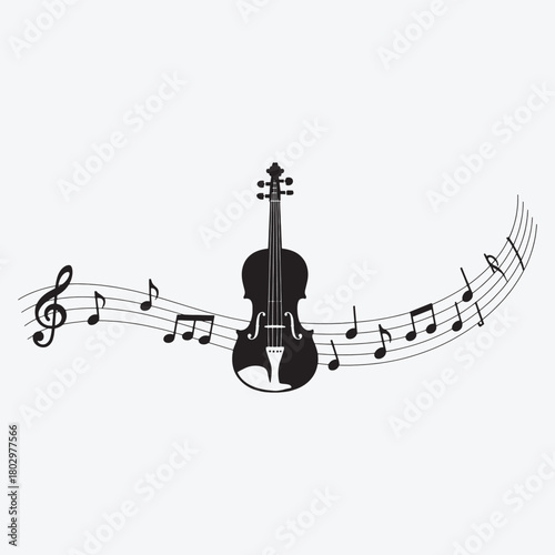 Black silhouette of a violin with musical notes on a staff treble clef