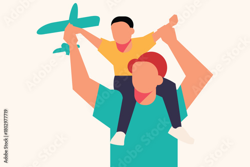 Stylized vector illustration of adult carrying child on shoulders with toy airplane. Joyful and playful design perfect for parenting themes, family bonding, childhood memories, and lifestyle artwork.
