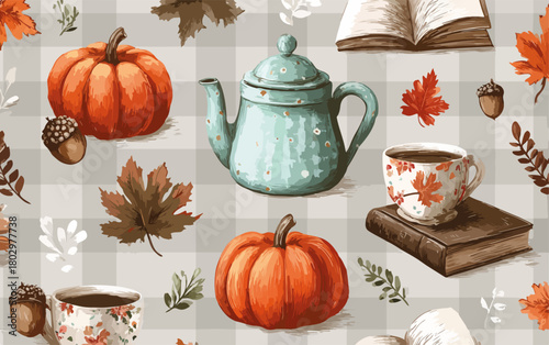 가을의 풍요로움과 아늑함을 담은 수채화 스타일의 이음새 없는 벡터 패턴으로, 따뜻한 차, 오래된 책, 주황색 호박, 그리고 다채로운 단풍잎이 어우러져 포근한 휴식의 순간을 선사합니다.