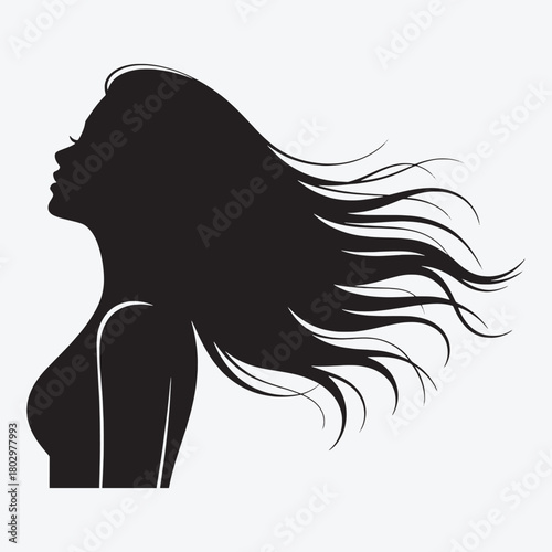 Black silhouette profile of a woman with long flowing hair against a light gray background head face