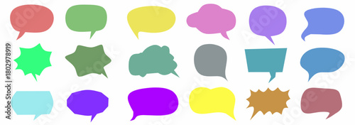 Vibrant speech bubbles in assorted shapes and colors, ideal for chat designs, comic dialogue, messages, communication graphics, and creative illustration projects.