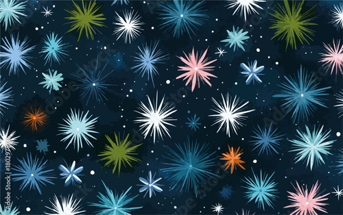 어두운 밤하늘을 배경으로 다채로운 별빛 또는 눈송이 모양의 추상적인 패턴이 펼쳐져 축제 분위기를 연출하는 벡터 일러스트레이션입니다.