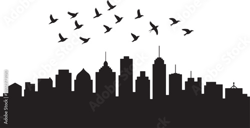 Flock of birds flying over a black silhouette cityscape with varied building heights and a dome vector