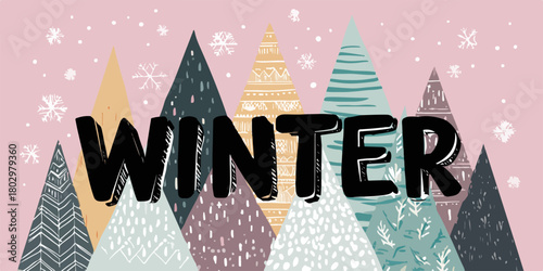 사랑스러운 핑크색 배경 위로 하얀 눈송이가 흩날리고, 다채로운 패턴의 산봉우리들이 조화롭게 펼쳐진 가운데 'WINTER' 글자가 돋보이는 매력적인 벡터 일러스트레이션입니다.