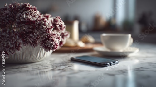 Modern still life with flowers, phone, and coffee, creating a calming ambiance