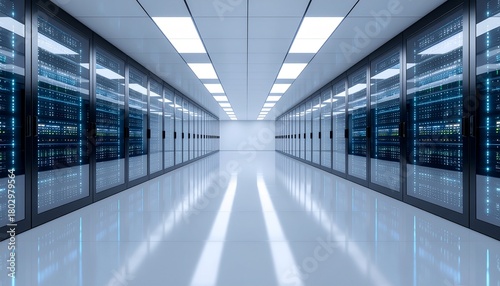 A long corridor in a modern data center with rows of glowing blue server racks reflecting on a polished white floor