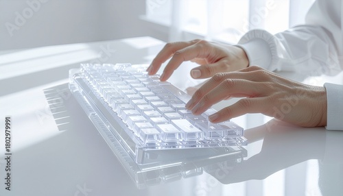 Close-up of hands typing on a transparent keyboard with soft natural light casting shadows