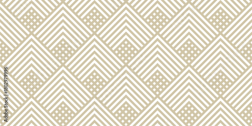 Vector geometric lines seamless pattern. Stylish golden texture with squares, rhombuses, stripes, chevron, triangles. Simple abstract geometry ornament. Gold and white background. Trendy repeat design