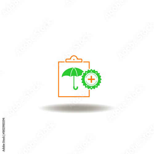 Vector illustration of clipboard with umbrella and seal with medical cross. Symbol of HRA Health Reimbursement Arrangement.
