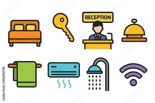 A collection of colorful flat icons illustrating essential hotel services and amenities for travelers.