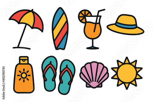 A colorful assortment of hand-drawn summer beach essentials including a surfboard, sun, hat, umbrella, drink, and flip-flops.