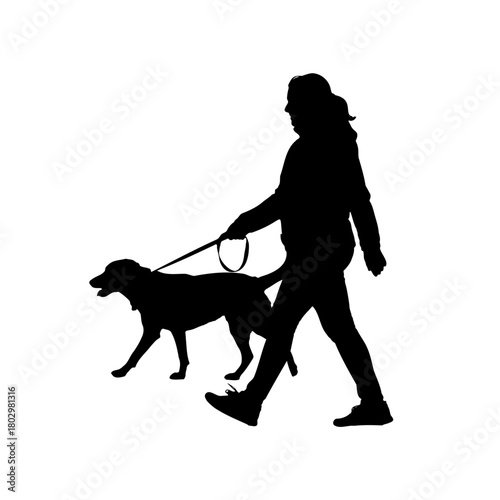 A silhouette of a woman walking a dog on a leash with a white background in a simple illustration