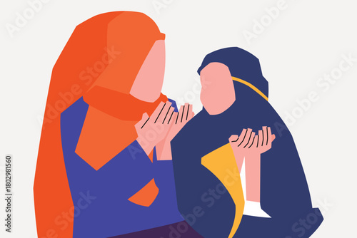 Stylized vector of two people in headscarves praying with raised hands. Abstract design ideal for themes of faith, spirituality, devotion, and cultural identity in modern illustration style.