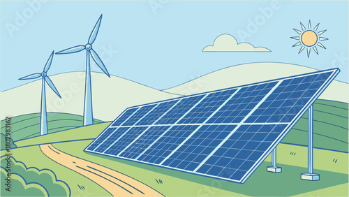 Solar panel and wind turbine farm illustration for renewable energy and sustainable power generation concept