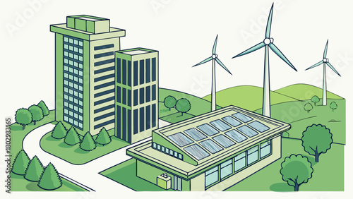 Sustainable city landscape with wind turbines solar panels and green buildings for eco friendly living