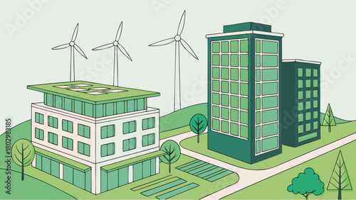 Sustainable city landscape with green buildings wind turbines and renewable energy illustration for eco friendly living