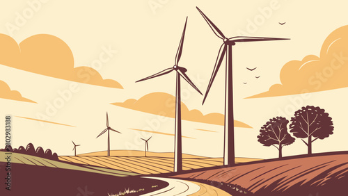Wind turbine farm landscape illustration for renewable energy and green power generation concept design