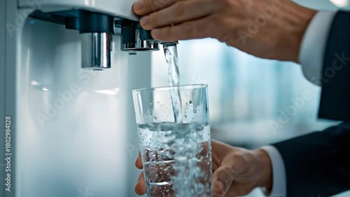 Refreshing Clean Water Being Dispensed Into Glass From Modern Office Cooler In Professional Hydration Environment