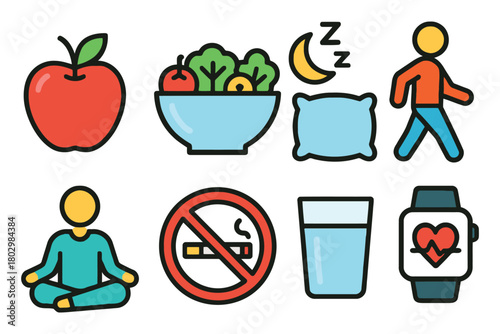 A collection of colorful icons depicting healthy habits like eating fruit and vegetables, exercising, sleeping, meditating, and avoiding smoking.