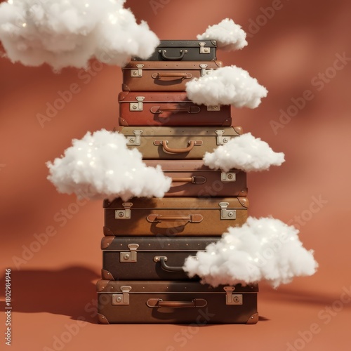 Dreamy stack of vintage suitcases floating amongst ethereal clouds evokes wanderlust and adventure