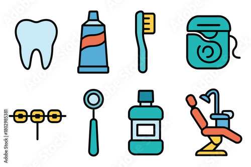 A colorful assortment of dental icons including a tooth, toothpaste, toothbrush, floss, mirror, mouthwash, braces, and a dental chair.