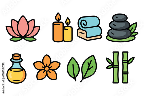 A collection of charming hand-drawn spa icons including a lotus flower candles rolled towels hot stones bamboo and oil bottle.