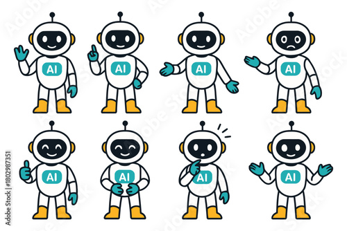 A collection of eight charming, anthropomorphic robots in different poses, each with an AI emblem and expressive faces.