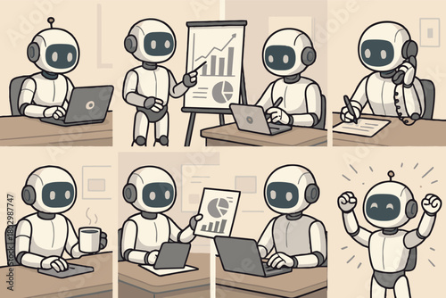 A collection of cartoon robots depicted in different office scenarios, illustrating work, meetings, and presentations.