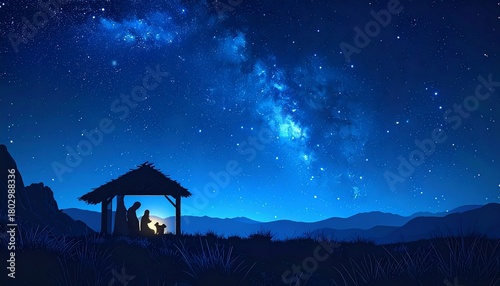 Nativity Scene Silhouette with Starry Sky