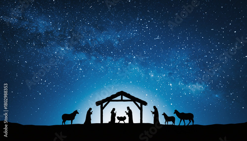 Nativity Scene Silhouette with Starry Sky