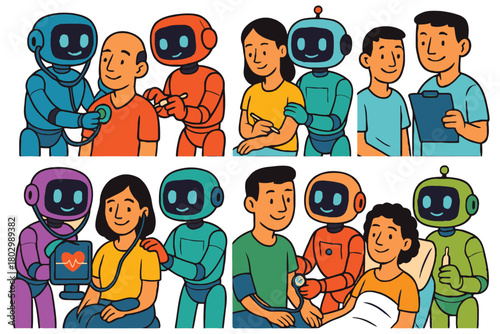 This illustration depicts robots and humans interacting positively in medical settings and daily life, showcasing teamwork and assistance.