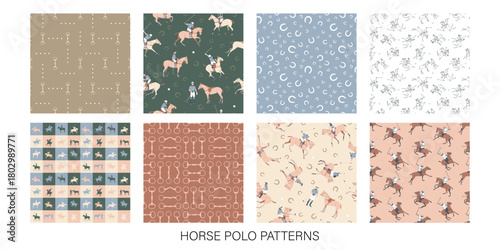 Photos Seamless vector patterns with horse polo players, bits, saddles, stirrups and ho