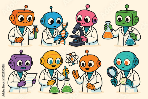 A group of colorful robots wearing lab coats are conducting various scientific experiments and research activities with different laboratory tools and equipment.