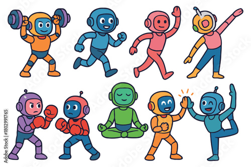 A collection of colorful, anthropomorphic robots participating in different exercises and sports, showcasing a variety of fitness activities.