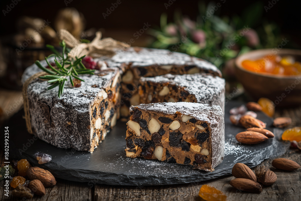 Fototapeta premium Italian panforte packed with nuts, dried fruits, and warm aromas, presented in a classic Siena style for a rich gourmet look. Fruitcake.