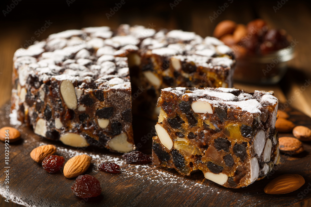 Fototapeta premium Italian panforte packed with nuts, dried fruits, and warm aromas, presented in a classic Siena style for a rich gourmet look. Fruitcake.