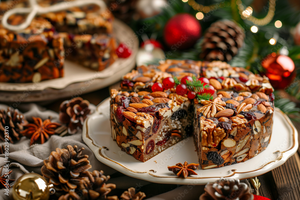 Fototapeta premium Italian panforte packed with nuts, dried fruits, and warm aromas, presented in a classic Siena style for a rich gourmet look. Fruitcake.