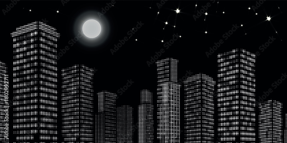 Naklejka premium A monochrome illustration of a city skyline at night with a full moon and stars in the dark sky.